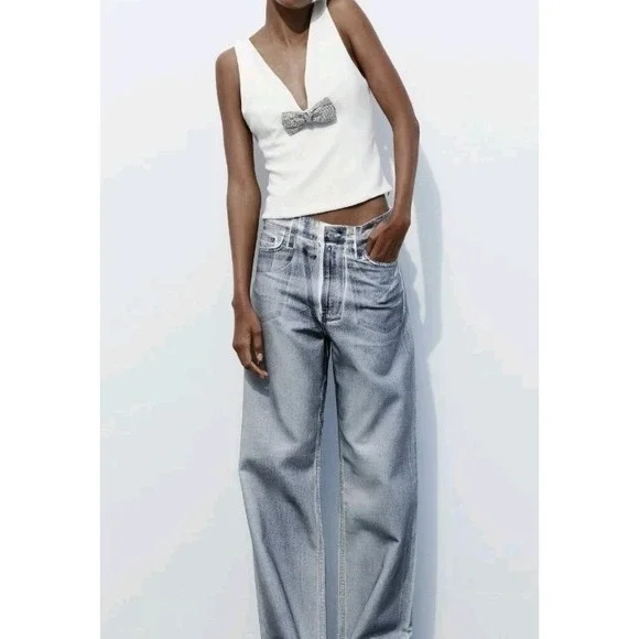 Zara Jeweled Bow Deep V Sleeveless Top White Size M NWOT - Picture 12 of 13